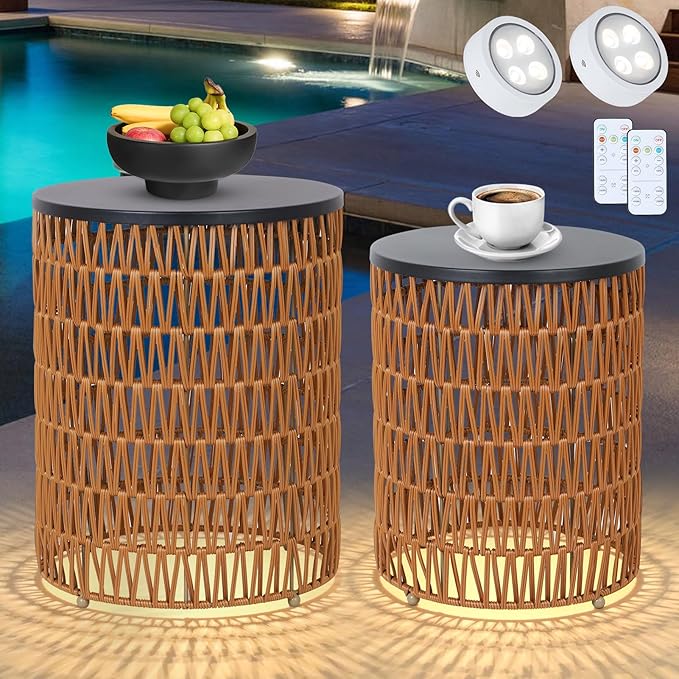 HMVPL Outdoor Side End Table with Dimmable Light Remote Control,2-Pack Small Round Patio Table with Timing Light,Outside Plastic Rattan Accent Bistro Desk for Poolside Backyard Balcony Gazebo Indoor