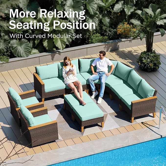 PHI VILLA Half-Moon Patio Furniture Set with 56" Fire Pit Table, 8-Piece Wicker Outdoor Curved Sectional Sofa, Large Conversation Seating for Garden or Backyard, Aqua Blue