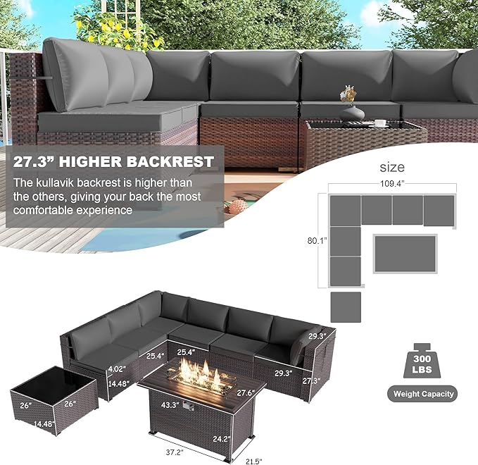 Kullavik 11 Pieces Outdoor Patio Furniture Set,PE Wicker Rattan Sectional Sofa Patio Conversation Sets with 43" 55000BTU Gas Propane Fire Pit Table,Swivel Rocking Chairs Set,Grey