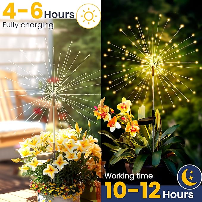 GIGALUMI Garden Decor Outdoor Lights 120LED 4Pack, Solar Garden Lights for Christmas Outside Fairy Firework Decorative,Solar Powered for Yard Pathway Flowerbed Planter Balcony Patio Decor (Warm White