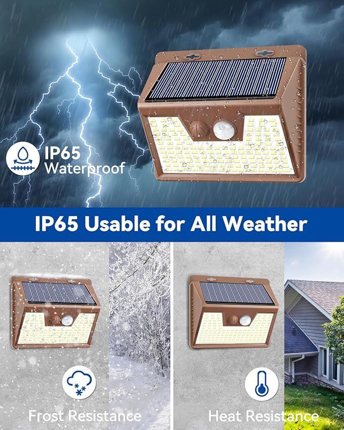 Peasur Solar Lights Outdoor Motion Sensor Waterproof, 8 Pack 140LED Brown Solar Powered Fence Light, 3 Modes Security Wall Lights for Garden Yard Outside(Warm White)