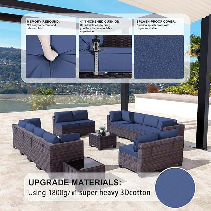 Kullavik 14 Pieces Outdoor Patio Furniture Set,Sectional Rattan Sofa Set Brown PE Rattan Wicker Patio Conversation Set with Tempered Glass Coffee Tables and Washable Cushions Covers,Navy Blue