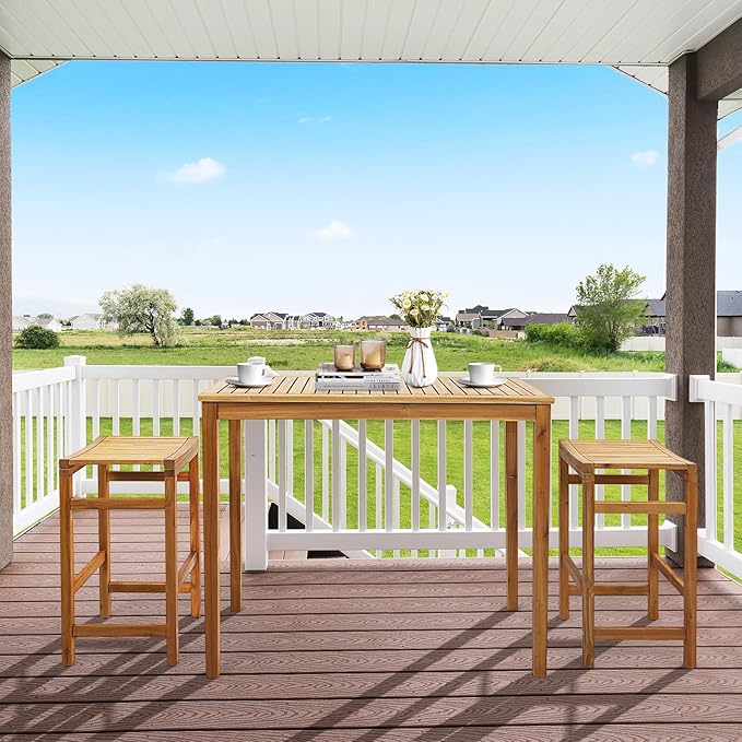 Tangkula Outdoor Acacia Wood Bar Table, 45” Rectangular Bar Height Farmhouse Rustic Dining Table with Slatted Tabletop, for Patio Porch Garden Deck, Teak Finish