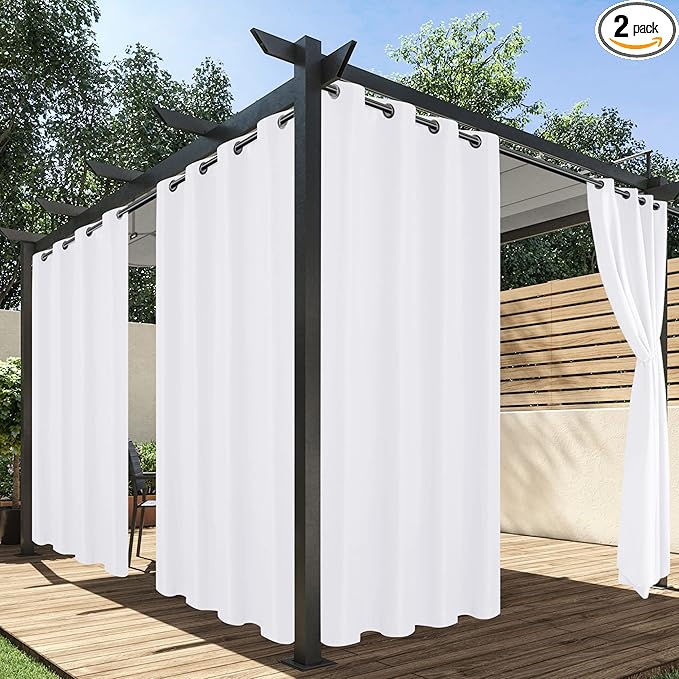 HolidayIdeas Outdoor Curtains for Patio Waterproof, 2 Panels - 84 x 84 Inch - Privacy Protection & Light Filtering Curtains Grommet Outside Curtains for Porch, Gazebo, Pergola, Backyard (White)