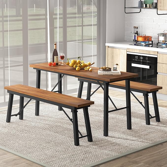 Tangkula 59" Narrow Outdoor Dining Table for 4-6, No Assembly Foldable Patio Dining Table with Acacia Wood Top & Heavy Duty Metal Frame, Portable Table for Yard, Garden, Poolside or Indoor (Natural)