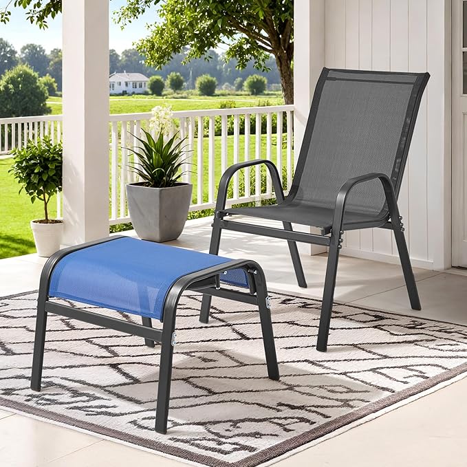 ONBRILL Outdoor Ottoman Set of 2, All Weather Outdoor Foot Stool with Supportive Textliene and Metal Frame, Stackable Oversized Outdoor Foot Rest for Furniture Patio Garden Pool, Blue