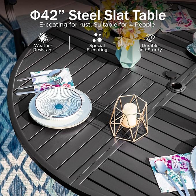 PHI VILLA 5 Pieces Outdoor Dining Set for 4, 42" Round Black Metal Table with Umbrella Hole & Wrought Iron Chairs, Rustproof Large Outside Furniture with Cushions & Pillows for Patio, Deck, Porch