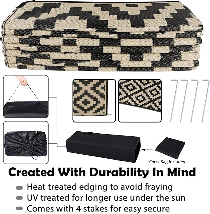SAND MINE Reversible Mats, Plastic Straw Rug, Modern Area Rug, Large Floor Mat and Rug for Outdoors, RV, Patio, Backyard, Deck, Picnic, Beach, Trailer, Camping, Black & Beige, 10' x 14'