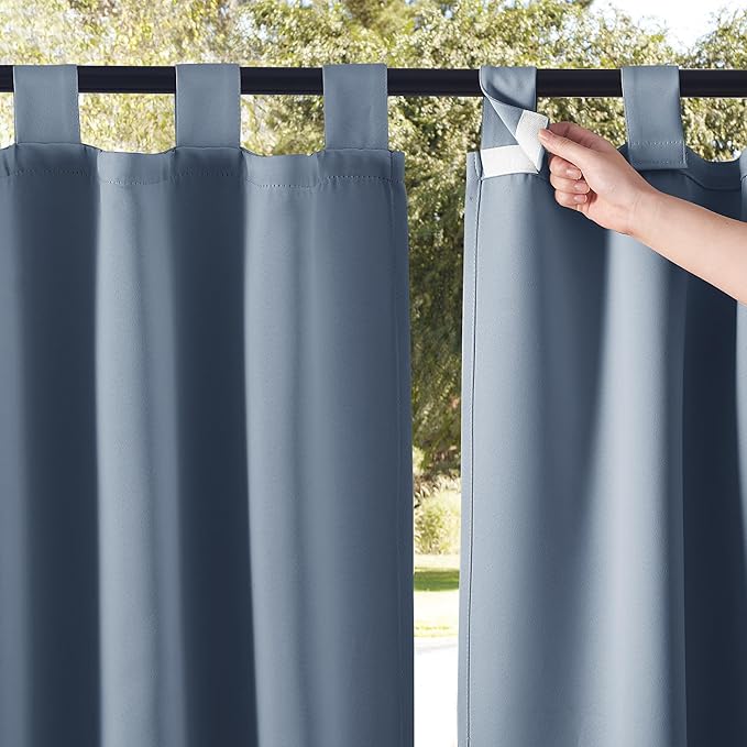 NICETOWN 2 Panels Self Stick Tab Top Outdoor Curtainss for Patio Waterproof, Indoor Outdoor Blinds Room Darkening Window Treatments Rain & Sun Blocking Drapes for Pool, W52 x L108, Stone Blue