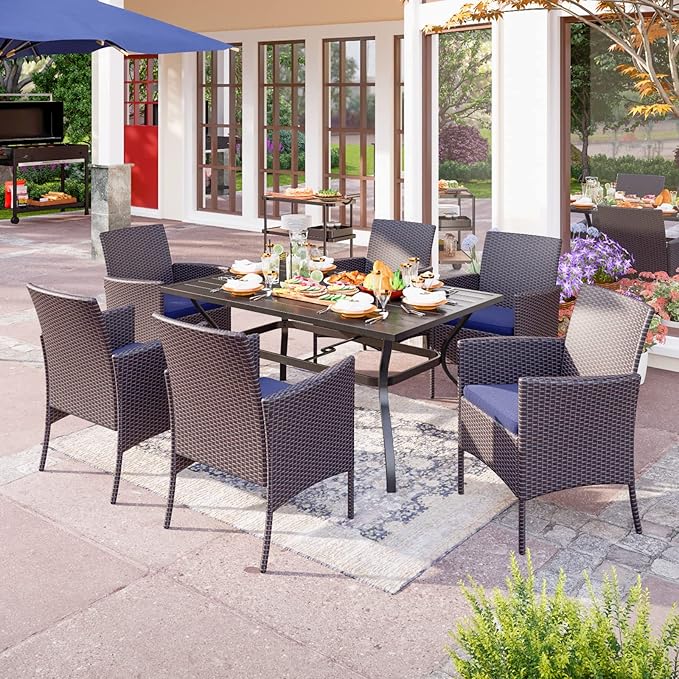 PHI VILLA 7 Piece Outdoor Dining Set for 6, Rectangular Wrought Iron Dining Table with Umbrella Hole & Cushioned Rattan Wicker Chairs for Patio, Deck, Yard, Porch