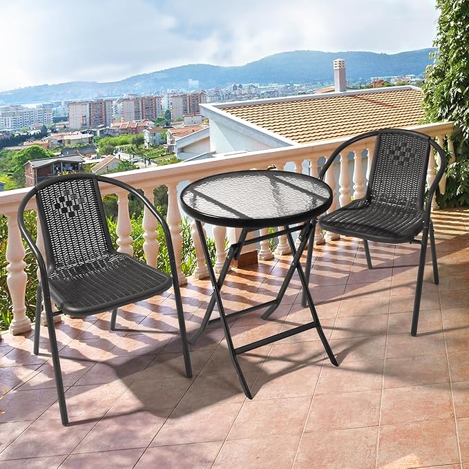 VINGLI PE Rattan Outdoor Dining Chairs Set of 2, Plastic Stackable Patio Chairs for Indoor, Porch, Restaurant, Garden, Black