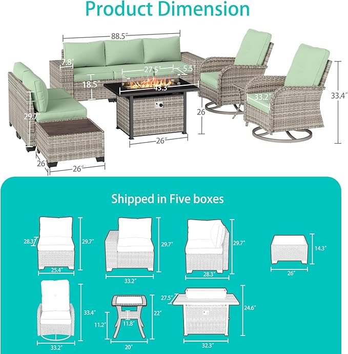 9-Piece Outdoor Patio Furniture Set with 55,000 BTU Fire Pit Table, PE Wicker Rattan Sectional Sofa Patio Conversation Set with Ottomans & Coffee Table, Light Green