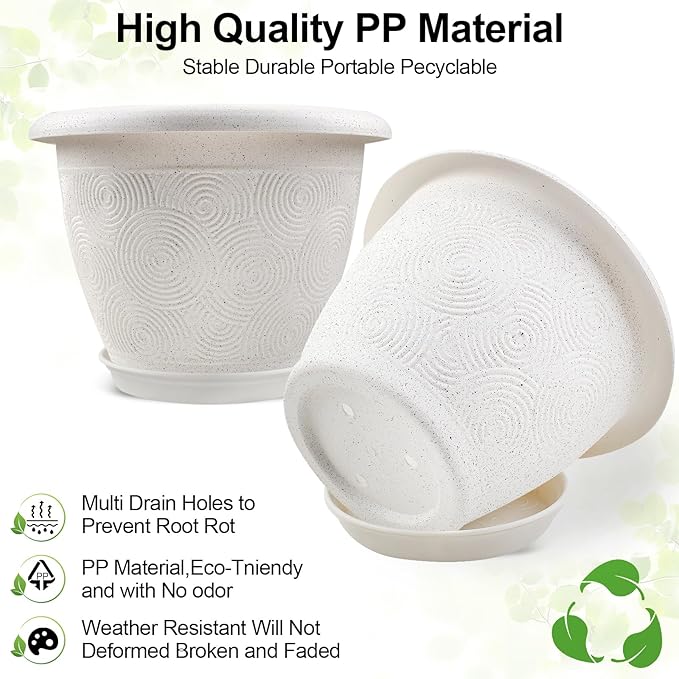 Plastic Flower Pots Planters for Indoor Plants, 4 Pack 12 Inch White Plant Pots with Drainage Hole & Tray, Modern Decorative Large Plant Pot with Saucer for Indoor Outdoor Plants Garden House Planter