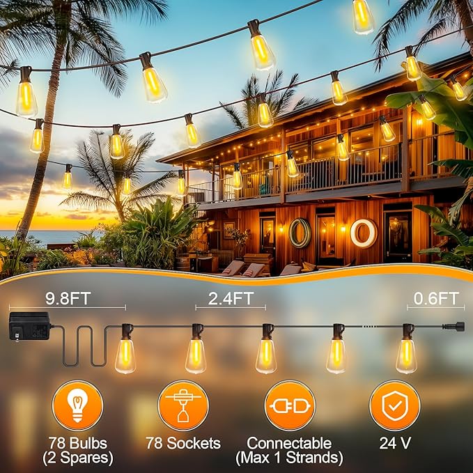Outdoor String Led Patio Lights - 200Ft 60M Outside Waterproof Light ST38 Shatterproof Bulb Connectable Hanging Outdoor Electric Lighting for Backyard Yard Gazebo Porch Party