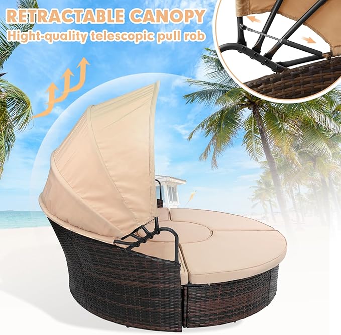SUNCROWN Outdoor Patio Round Daybed with Retractable Canopy, Brown Wicker Furniture Sectional Couch with Washable Cushions, Backyard, Porch