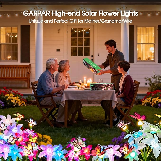 Garpar Solar Lily Lights with Swaying Butterflies, Upgraded Garden Solar Lights Outdoor Decorative, Waterproof Color Changing Garden Decor for Outside Yard Lawn Pathway Gift for Mom Women Grandma