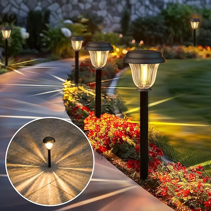 Solar Lights Outdoor, 6 Pack Metal Solar Pathway Lights, Heavy Duty Stainless Steel & Glass, Auto On/Off Waterproof Garden Lights for Driveway Landscape Walkway Yard Outdoor Decor (Warm White)