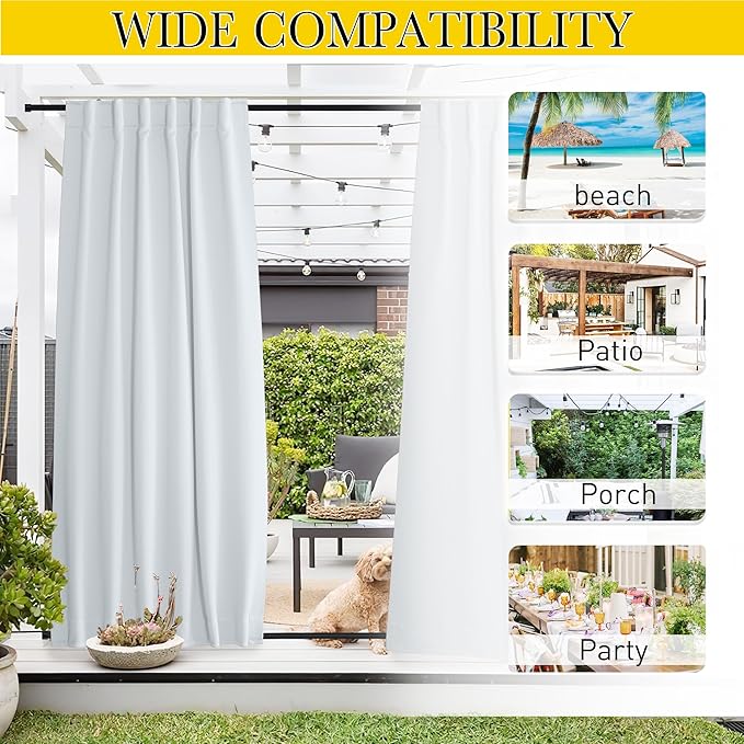 NICETOWN Blackout Outdoor Curtains for Patio Windproof 2 Panels Top & Bottom Pocket & Back Tab, Thermal Fixed Waterproof Safe Drapes Keep Privacy for Yard/Porch, Greyish White, W52 x L95