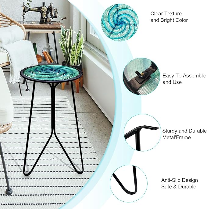LIFFY Patio Side Table, Small Round End Table, Metal Side Table Outdoor, Small Porch Table for Indoor Balcony Furniture Decor (Green 12 inch)