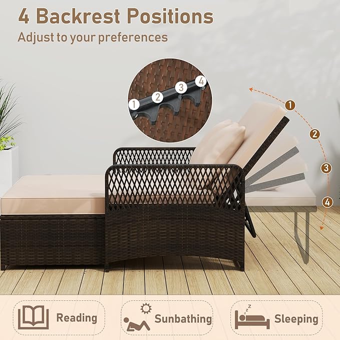 RELAX4LIFE Wicker Patio Outdoor Daybed - Rattan Sunbed Loveseat Sofa Set w/4-Level Adjustable Back, Cushions & Pillows, Storage Ottoman, 2-Person Bed Lounger for Backyard Porch, Patio Daybed (Beige)