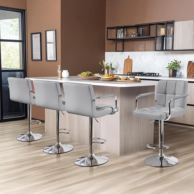 Yaheetech Bart Stools Set of 4, PU Leather Adjustable Barstools with Armrest, Counter Height Stool Chairs with Thickened Seat Cushion for Kitchen Island, Light Grey