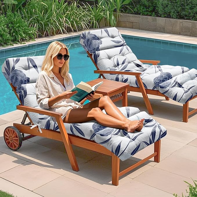 Outdoor Chaise Lounge Chair Cushion 75.1 x 22.8 x 4.7 Inches 100% Waterproof Replacement Cotton Patio Pool Lounge Chair Cushion for Outdoor Furniture with Ties, Blue Enchantress