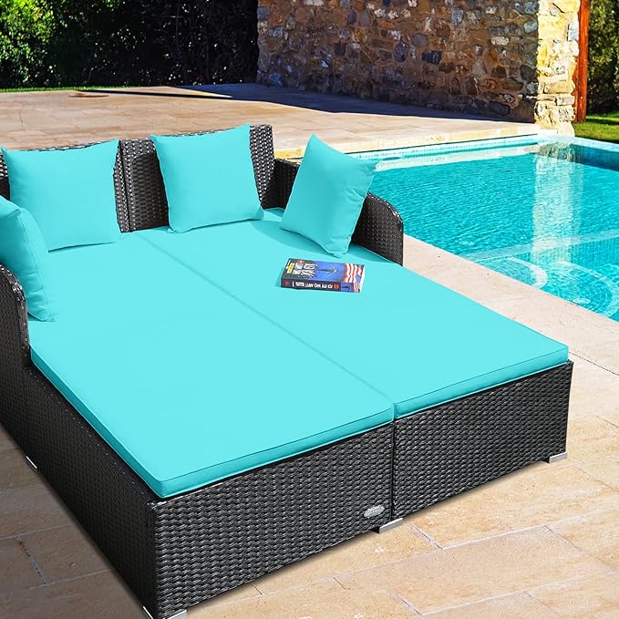 RELAX4LIFE Rattan Patio Outdoor Daybed, Wicker 2-Person Sunbed Loveseat with Soft Cushions, 4 Pillows, Curved Backrest & Armrest, Double Bed Lounger Sofa Set for Balcony Porch, Patio Bed (Turquoise)