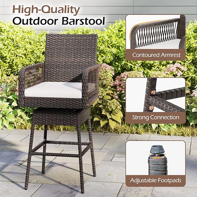 ORALNER Outdoor Wicker Swivel Bar Stools Set of 2, 29" Bar Height Patio Rattan Dining Chair with Armrests, Footrest & Seat Cushion, Metal Frame, for Backyard, Porch, Poolside, Deck (2, White)