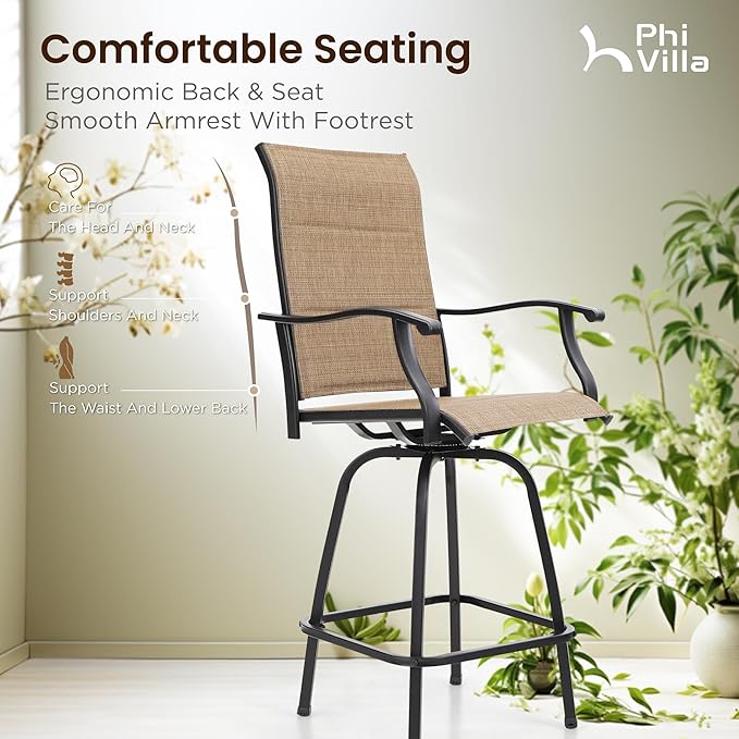 PHI VILLA 3 Piece Outdoor Swivel Bar Stools Set, Bar Height Patio Set with 2 Padded Textilene Fabric Chairs, All-Weather High Top Patio Bistro Table and Chairs Furniture, Brown