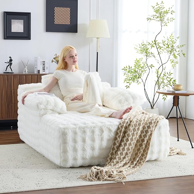 VINGLI 67.7" Oversized Chaise Lounge Chair Indoor Reading Chairs Comfy Bubble Fleece Upholstered Boneless Sofa Bed Sleeper Sofa Cloud Couches for Living Room, Bedroom, Play Room (White)