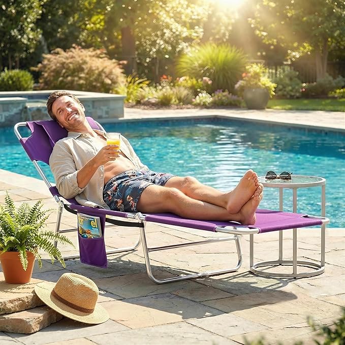Outsunny Chaise Lounge Chair Outdoor with Face Arm Hole, 5-Position Reclining Face Down Tanning Chair with Carry Strap, Side Pocket, Portable Folding Bed Cot for Patio Beach Pool, Purple