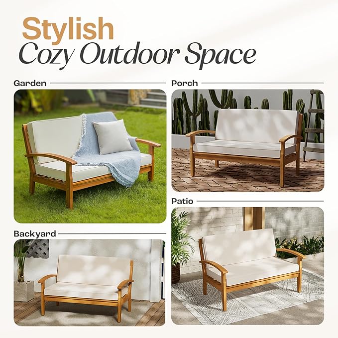 Idzo Laurent 700lbs Capacity Acacia Outdoor Loveseat, FSC Certified 2 Seater Patio Sofa with 3.9in Thick Cushions, Teak Finish Porch Couch for Garden Backyard
