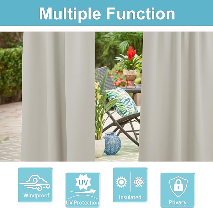RYB HOME Extra Wide Outdoor Curtains for Patio Waterproof Heavy Duty Thermal Insulated in Summer Full Coverage Privacy for Porch, Gazebo & Pergola, W100 x L84, Natural, 1 Panel