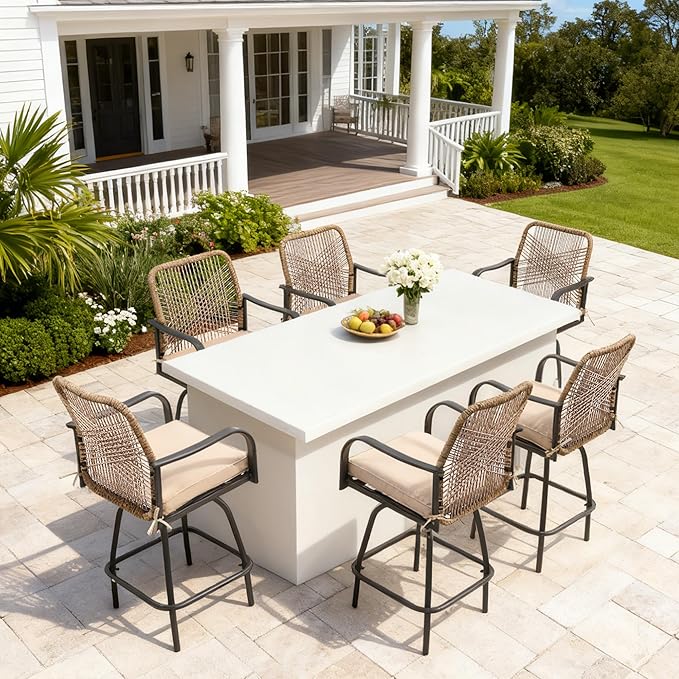 Patio Swivel Bar Stools Set of 6, Outdoor Rattan Height Bar Patio Swivel Chairs with Steel Frame and Thickened Cushion for Garden, Balcony, Lawn and Backyard (Rattan Brown)