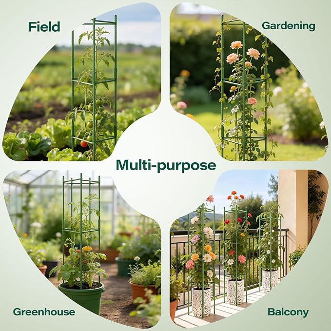 Halatool 63 Inch Tomato Cages, 4 Pack Adiustable Plant Cages Assembled Tomato Garden Cages Stakes Vegetable Support Trellis with 120 Feet Twist Tie, Snap-On for Vertical Climbing Plants