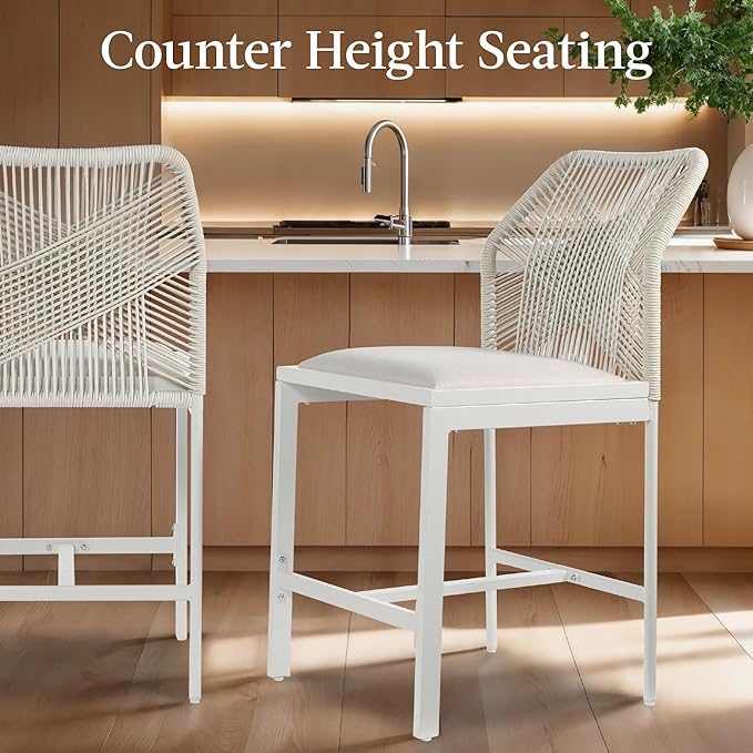 Best Choice Products Indoor Outdoor Counter Height Bar Stools Set of 2, Armless Kitchen Counter Stools w/Back and Footrest, Built-in Cushion, Aluminum Frame - White/Alpine
