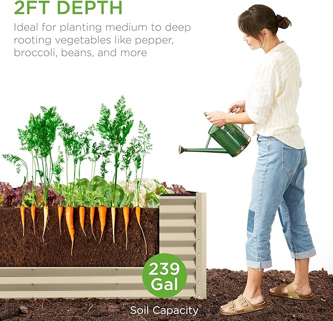 Best Choice Products 8x2x2ft Raised Outdoor Metal Garden Bed, Deep Root Box Planter for Vegetables, Flowers, Herbs, 240 Gallon Capacity, 100% Non Toxic Materials- Beige