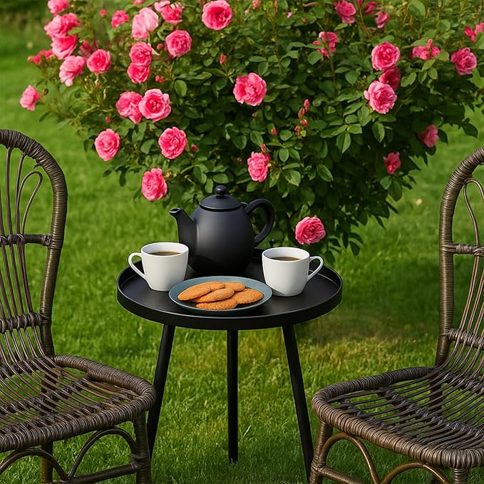 2 Pack Outdoor Side Table, 12.6" Patio Round Tables for Outside Black End Tables Small Coffee Table End Table Modern Metal Porch Plant Stands for Balcony, Indoor, Bedroom, Living Room, Small Spaces