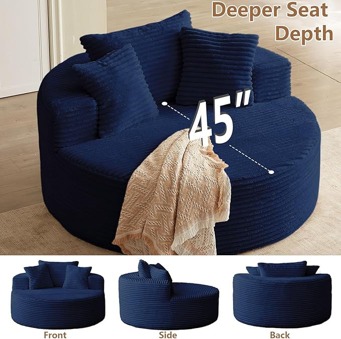 Oversized Round Chair Lounge Chaise Indoor, Upholstered Corduroy Deep Seat Cloud Large Circle Sofa Chair, No Assembly Required, Fluffy Modern Sleeper Sofa Bed for Reading, Living Room, Bedroom, Blue