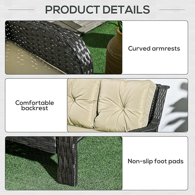 Outsunny 2-Seater Outdoor Sofa with 4" Thick Padded Cushions, PE Rattan Patio Outdoor Couch with Curved Armrests for Sunroom, Garden, Poolside, Beige