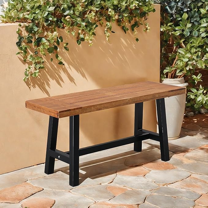 VINGLI Outdoor Bench with Metal Legs Rustic, Wood Dining Bench Indoor Outdoor Porch Benches for Yard Garden Dining (40in)