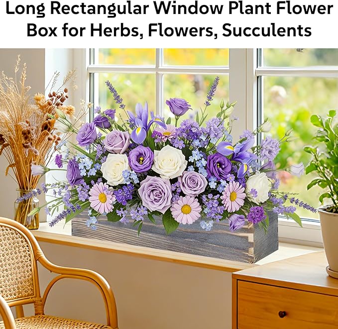 Wood Window Box Planter, 2 Pcs Rectangular Planter Boxes with Removable Plastic Liners, Long Indoor Window Box for Flowers & Succulents, 17.3 x 3.9 x 3.9 Inches