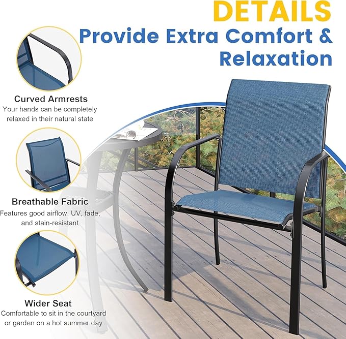 VICLLAX 7 Pieces Patio Dining Set for 6, Outdoor Furniture Set Includes 59" Rectangle Outdoor Table and 6 Stackable Patio Sling Chairs, Black Tabletop and Blue Fabric