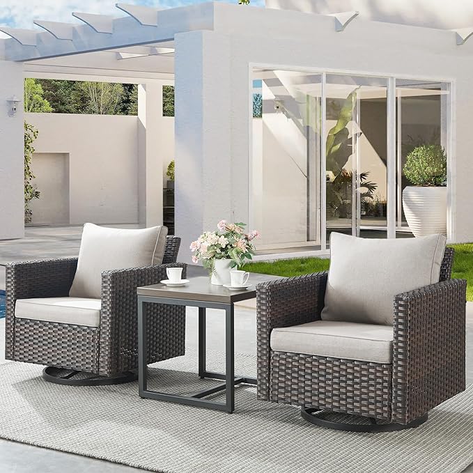 Belord Outdoor Bistro Set 3 Piece Wicker Swivel Rocker Patio Chairs, Oversize Outdoor Rattan Seating Set, Patio Swivel Glider Chairs Wicker Furniture with Metal Side Table for Porch Backyard, Brown