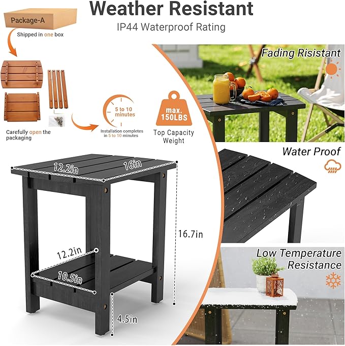 2-Tier Adirondack Side Table 17" with Double Shelf, Easy Assembly Solid Wood End Table,Outdoor & Indoor Small Table for Living Room,Patio, Poolside, Porch - Weather Resistant Black