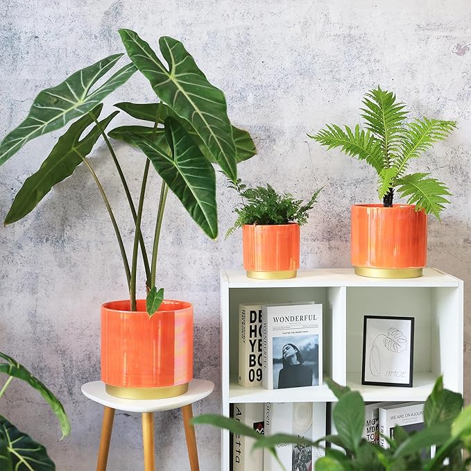 Gepege Peach Indoor Plant Pots for Plants, Large Ceramic Planter with Drainage Hole, 9.6-inch Succulent Orchid Flower Pot - Rainbow Pearl Glaze