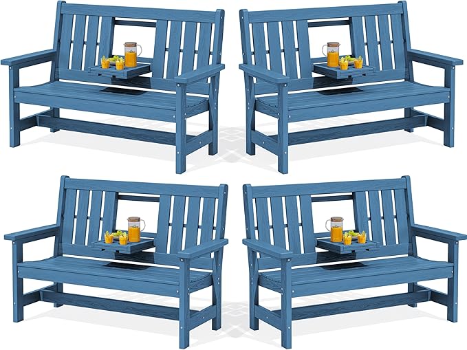 SERWALL Outdoor Bench with Cup Holder, 58" HDPE Garden Park Bench Suitable for 3 Person, All Weather Patio Benches with High Backrest and Wide Armrests for Garden, Park, Yard, Front Porch, Navy