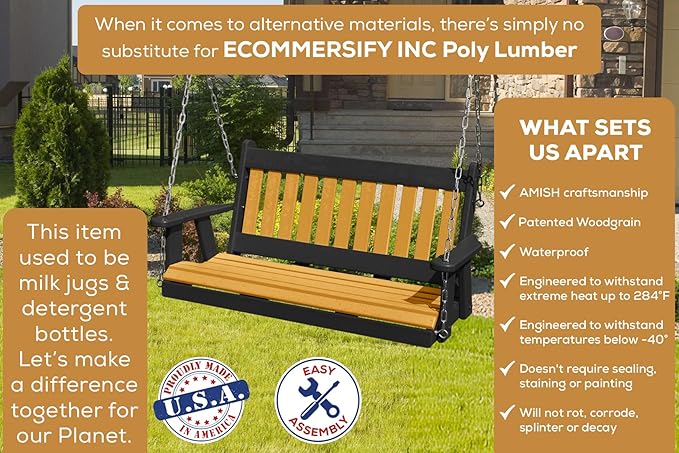 Poly Lumber Wood 4FT Mission Porch Swing Amish Craftsmandship Made in USA HDPE with No Wood fibers 1000 lbs Limit. Stainless Steel Hardware.Signature Design for Patio Outdoor Backyard Garden Park