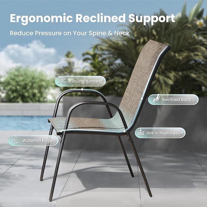 PHI VILLA Patio Chairs Set of 4, Outdoor Stackable Dining Chairs with E-Coating Metal Frame and Upgraded Textilene Fabric, All Weather Deck Chair 350 LBS Capacity for Porch Poolside Garden