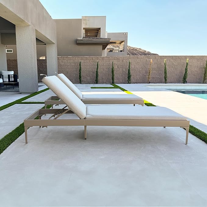 PURPLE LEAF Outdoor Chaise Lounge Set of 3 Aluminum Adjustable Patio Lounger Chairs with Cushions Reclining Beach Daybed for Poolside Balcony Deck Backyard, Champagne